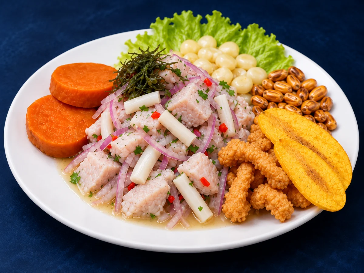Ceviche mixto de pescado y pota con chicharrón de pota y chifles