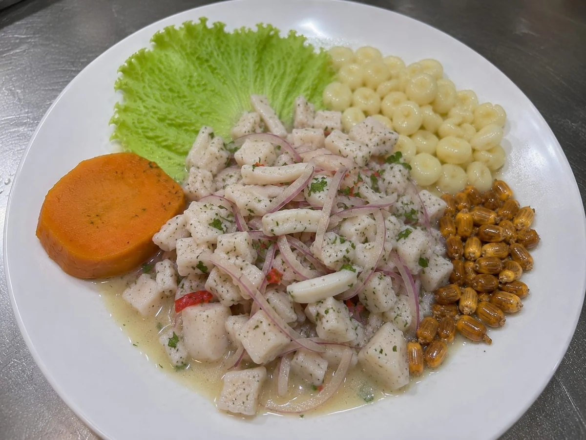 Ceviche de pota con camote, choclo, cancha y lechuga