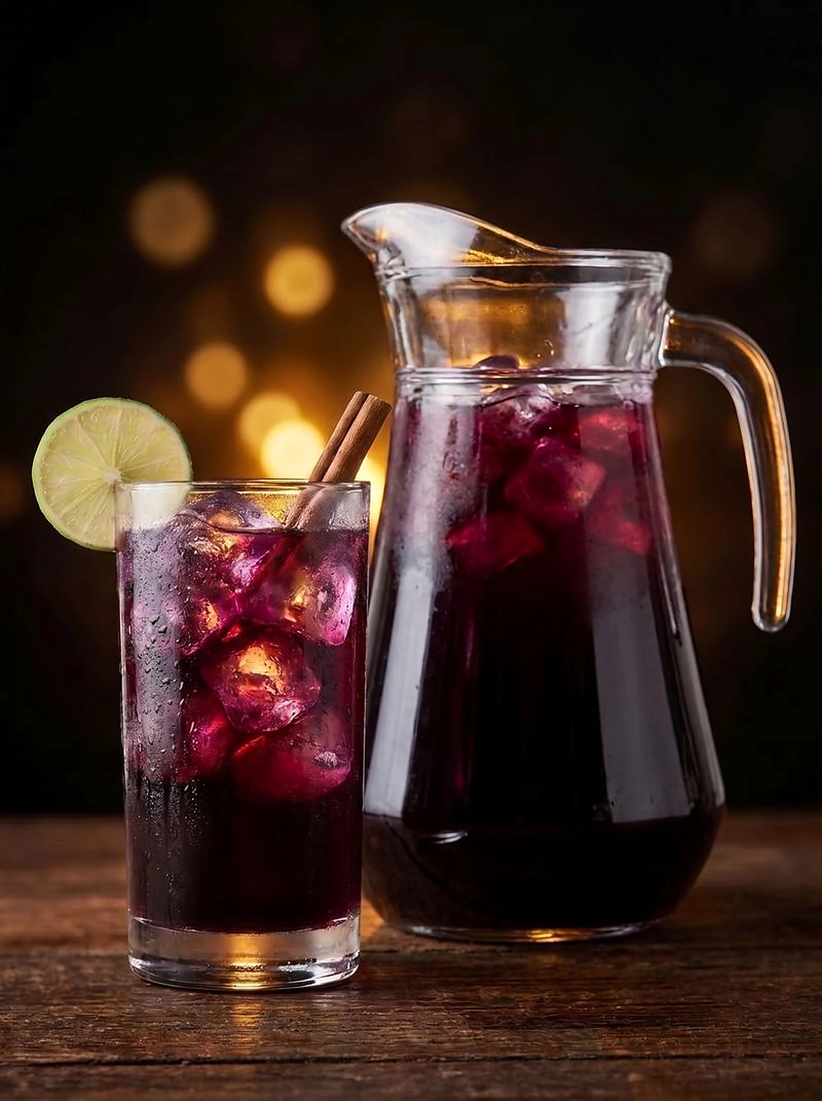 Jarra, botella personal y vaso de chicha morada