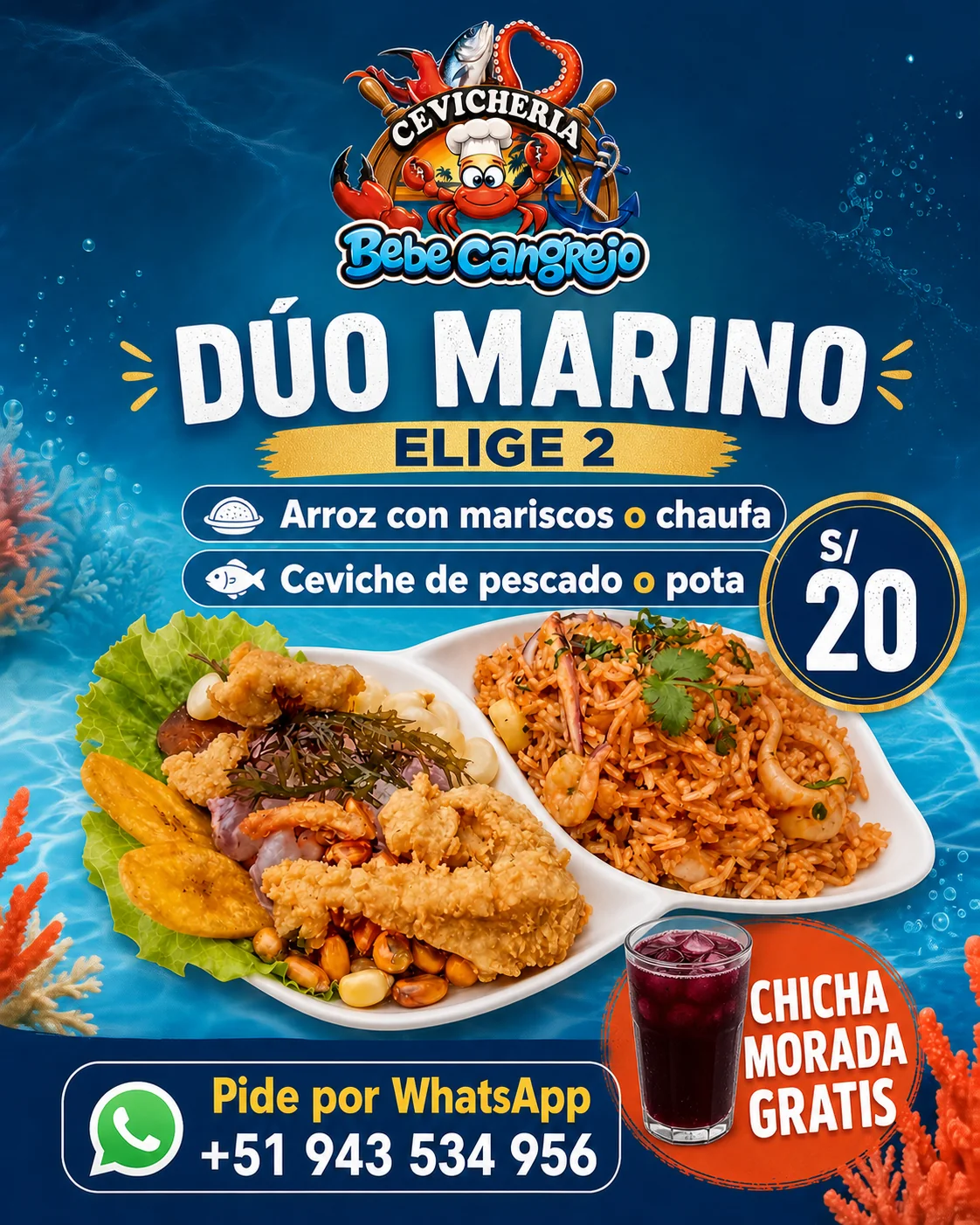 Flyer Dúo Marino a S/20 con arroz o chaufa, ceviche a elección y chicha morada gratis
