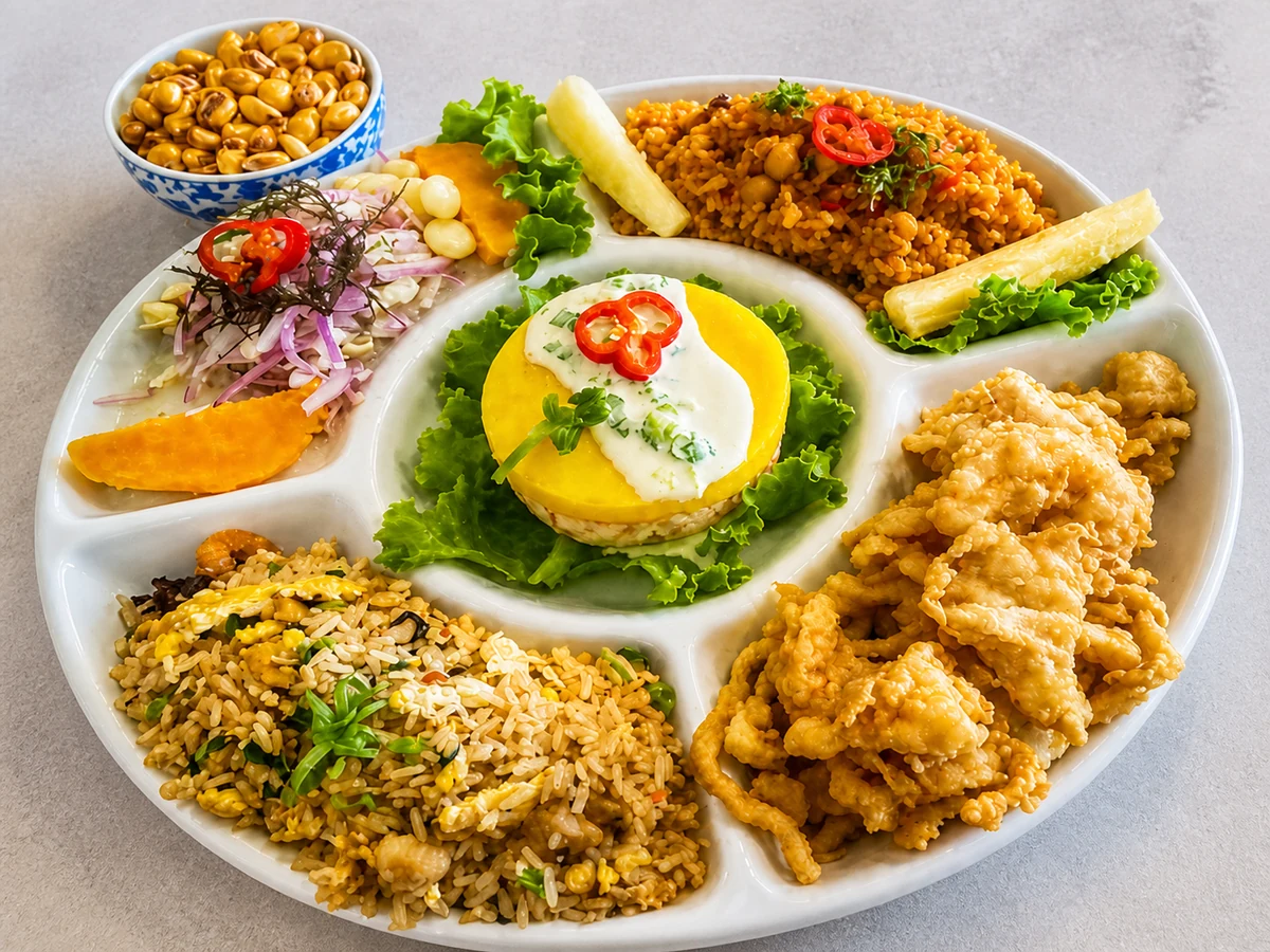 Ronda Marina opción 1 con causa, ceviche, arroz, chaufa y chicharrón de pota